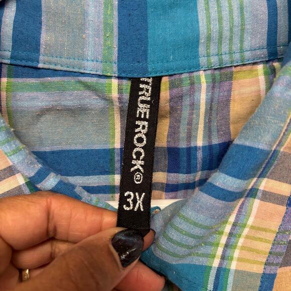 True Rock 3X Short Sleeve Plaid Button Shirt Blue Green Summer Top Grunge Skater - Picture 4 of 9